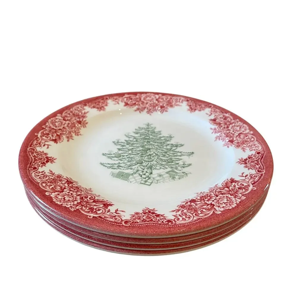 4pc Royal Stafford CHRISTMAS TREE Porcelain Salad Plates 8.5